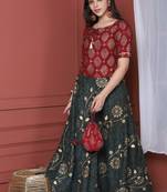 Maroon Printed Crop Top With Skirt And Potli