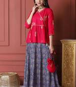 Pink Floral Printed Top With Skirt And Potli