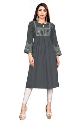 Women Grey & Off White Geometric Tie-UP Neck A-Link Longline Kurti 1