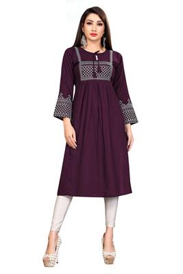 Women Wine & Off White Geometric Tie-UP Neck A-Link Longline Kurti 1