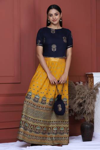 NAVY PRINTED CROP TOP WITH SKIRT AND POTLI