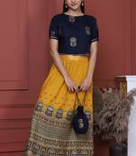 Navy Printed Crop Top With Skirt And Potli