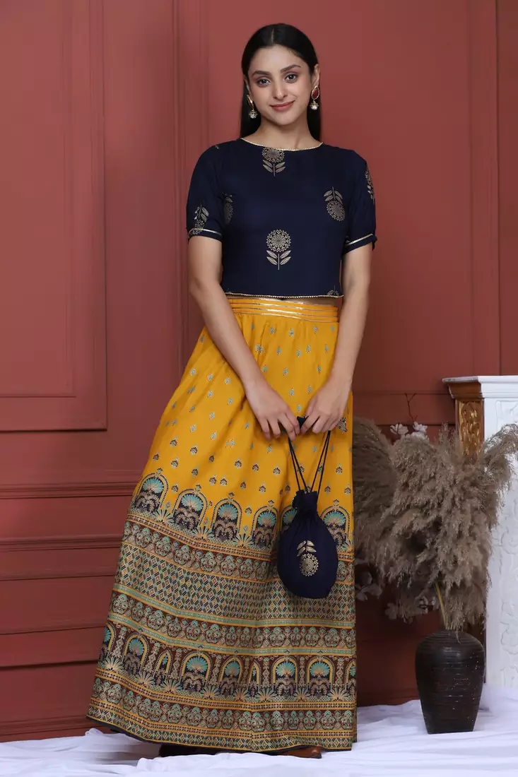 NAVY PRINTED CROP TOP WITH SKIRT AND POTLI