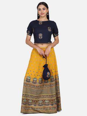 Navy Printed Crop Top With Skirt And Potli 7