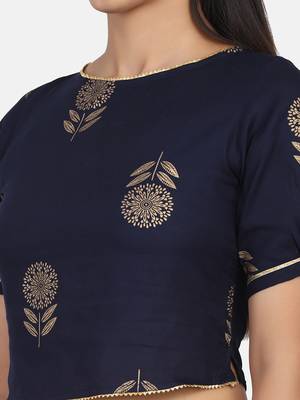 Navy Printed Crop Top With Skirt And Potli 12