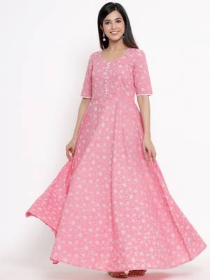 Pink printed cotton long-kurtis 1