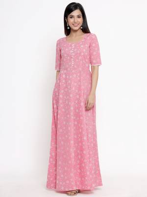 Pink printed cotton long-kurtis 2