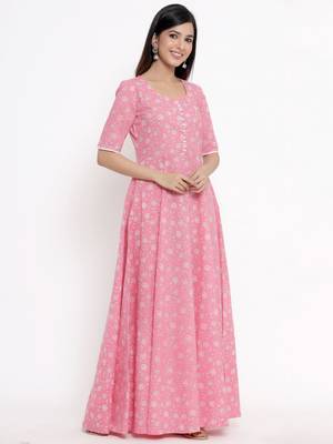 Pink printed cotton long-kurtis 3