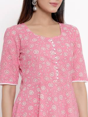 Pink printed cotton long-kurtis 4