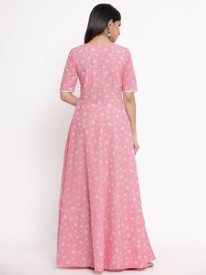 Pink printed cotton long-kurtis 5