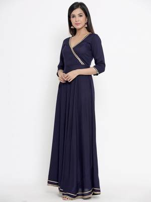 Navy blue plain viscose rayon ethnic kurtis 3
