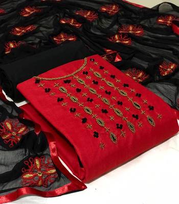 VredeVogel Red Cotton Embellished, Embroidered Salwar Suit Material  (Unstitched) 1