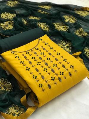 VredeVogel Yellow Cotton Embellished, Embroidered Salwar Suit Material  (Unstitched) 1