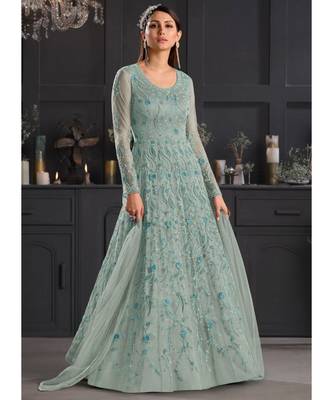 Sky Blue Floral Embroidered Indian Designer Anarkali 1