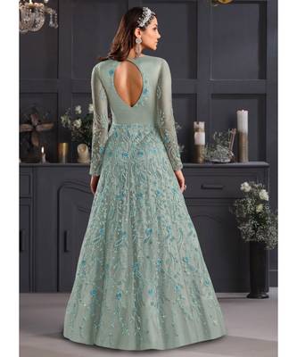 Sky Blue Floral Embroidered Indian Designer Anarkali 4