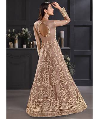 Biscotti Beige Embroidered Indian Designer Anarkali 4
