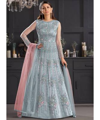 Ice Blue Embroidered Indian Designer Anarkali 1