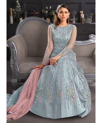Ice Blue Embroidered Indian Designer Anarkali 2