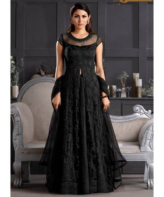 Black Embroidered Slit Style Anarkali Pant Suit 1