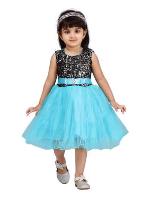 Blue plain net kids-frocks 1