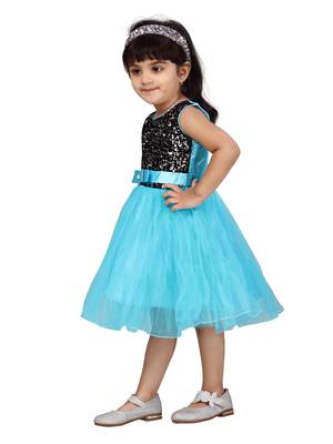 Blue plain net kids-frocks 3