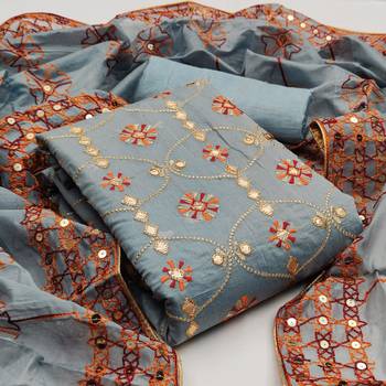  VredeVogel Grey Semi modal with Squance work Unstiched Dress Material 1