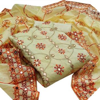  VredeVogel Light yellow Semi modal with Squance work Unstiched Dress Material 1