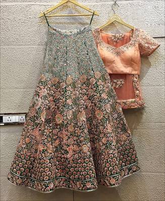 green art silk sequins work semi stitched half sleeve choli choli & lehenga with dupatta 2