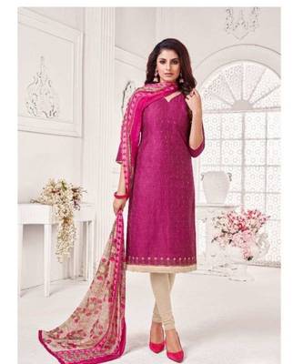 pink pure silk blend unstitched embroidered quarter sleeve TOP & BOTTOM WITH DUPATTA 1