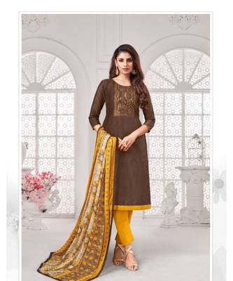 Brown pure silk blend unstitched embroidered quarter sleeve TOP & BOTTOM WITH DUPATTA 1
