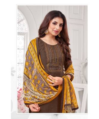 Brown pure silk blend unstitched embroidered quarter sleeve TOP & BOTTOM WITH DUPATTA 2