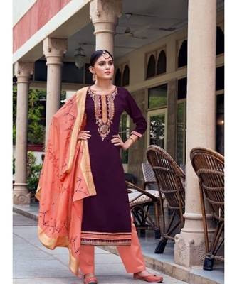 Purple Silk semi stitched thread embroidery quarter sleeve  Top & bottom with dupatta 1
