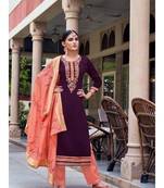 Purple Silk semi stitched thread embroidery quarter sleeve  Top & bottom with dupatta
