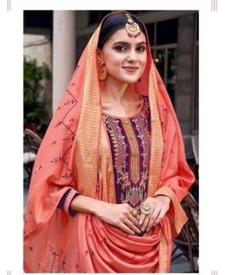 Purple Silk semi stitched thread embroidery quarter sleeve  Top & bottom with dupatta 2