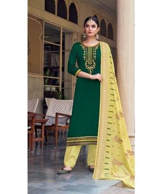 Green Silk semi stitched thread embroidery quarter sleeve Top & bottom with dupatta 1