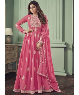 pink Georgette semi stitched embroidered top & bottom with dupatta 1