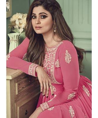 pink Georgette semi stitched embroidered top & bottom with dupatta 2