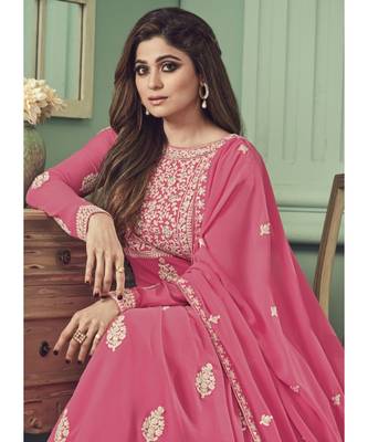 pink Georgette semi stitched embroidered top & bottom with dupatta 3