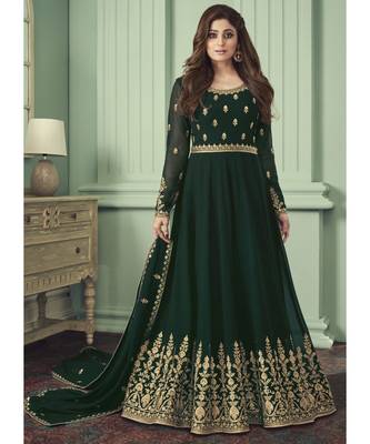 Green Georgette semi stitched embroidered top & bottom with dupatta 1