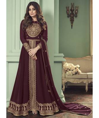 Maroon Georgette semi stitched embroidered top & bottom with dupatta 1