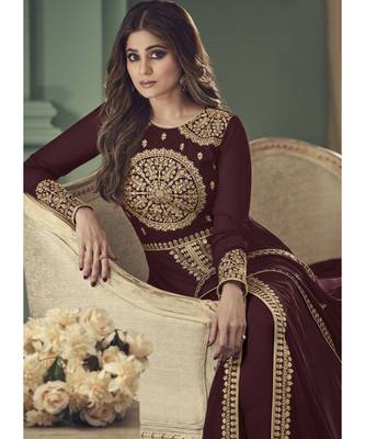 Maroon Georgette semi stitched embroidered top & bottom with dupatta 3