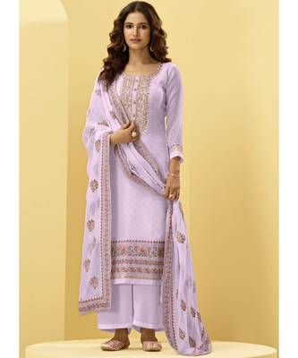 lavender Georgette semi stitched embroidered top & bottom with dupatta 1