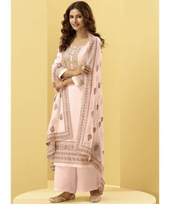pink Georgette semi stitched embroidered top & bottom with dupatta 1