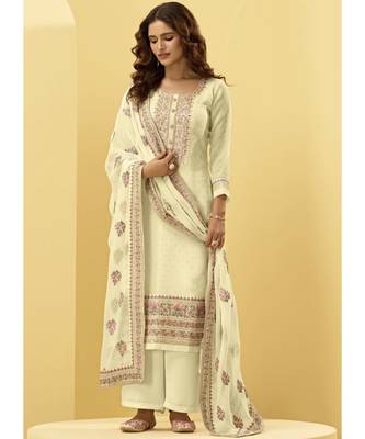 Cream Georgette semi stitched embroidered top & bottom with dupatta 1