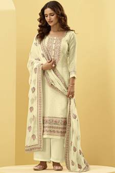 Cream Georgette semi stitched embroidered top & bottom with dupatta