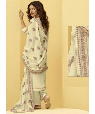 Cream Georgette semi stitched embroidered top & bottom with dupatta 2