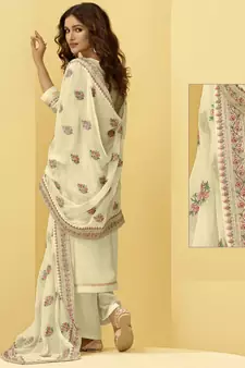 Cream Georgette semi stitched embroidered top & bottom with dupatta