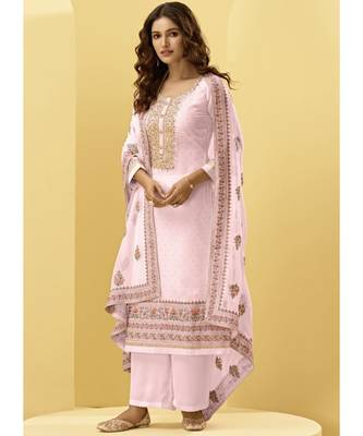 pink Georgette semi stitched embroidered top & bottom with dupatta 1