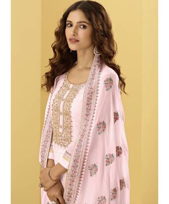 pink Georgette semi stitched embroidered top & bottom with dupatta 2