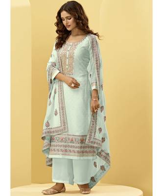 Turquoise Georgette semi stitched embroidered top & bottom with dupatta 1